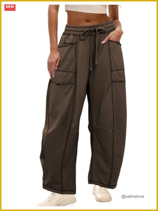 Pants - Wide Leg Lounge Sweatpants with Pockets, Baggy Barrel Pants, Drawstring Waist,
